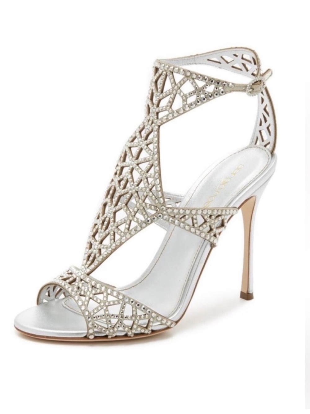 Sergio Rossi Tresor Silver Swarovski Crystal Studded High Heel Sandals 40